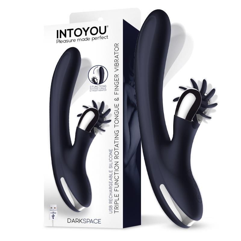 Vibrador Darkspace com línguas giratórias e movimento dos dedos azuis